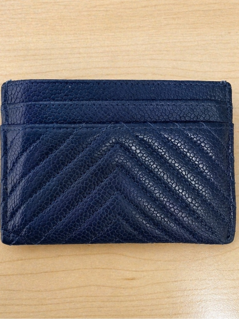 Chanel Boy Card Holder Navy Caviar Leather Chevron Quilted Silver CC Logo Wallet - Picture 2 of 8